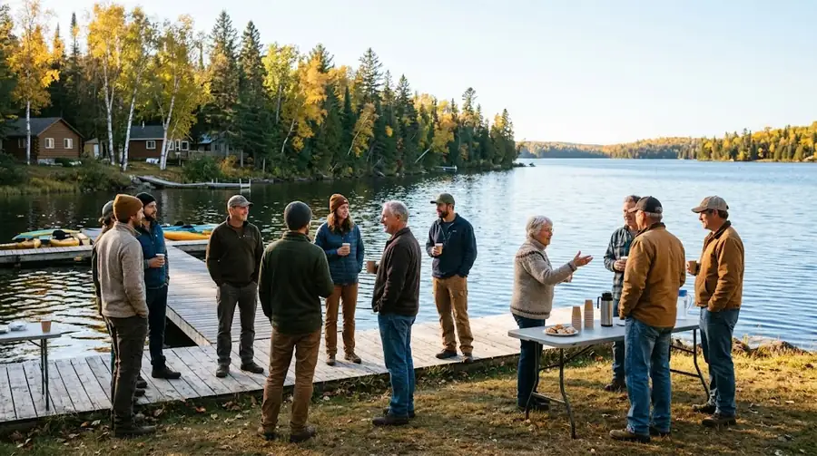 People gathered with hot drinks on a wooden dock beside a northern lake in autumn