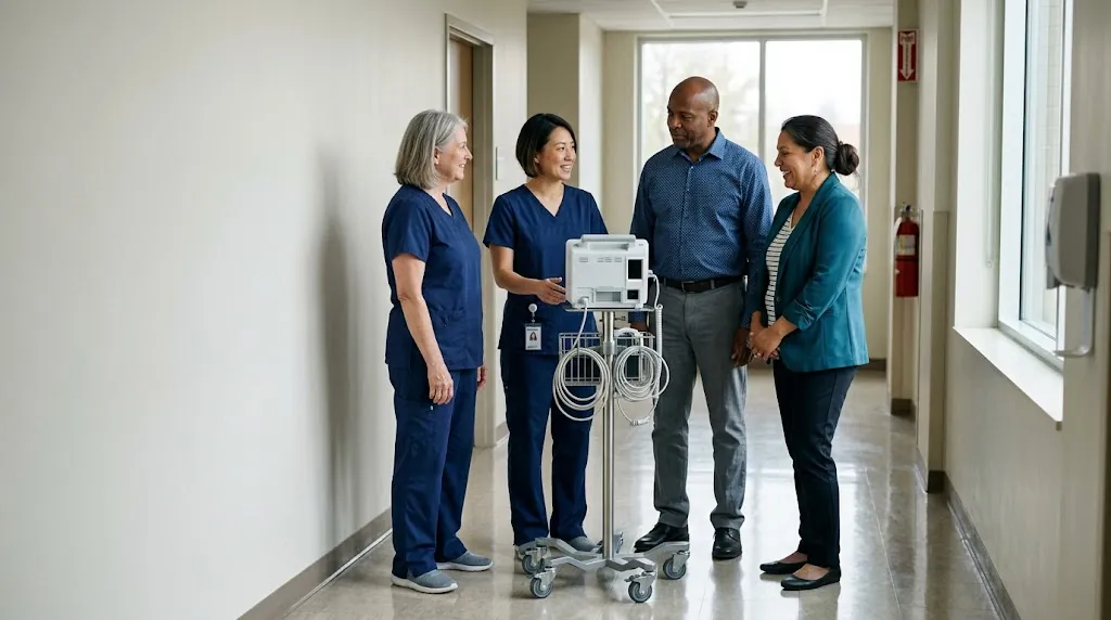 Hospital staff and community members standing together with a newly funded patient monitor in a hospital corridor