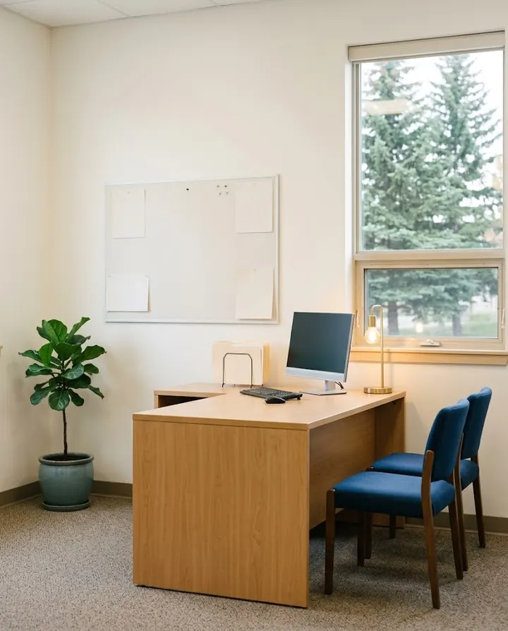 A small office with a light wooden desk, two visitor chairs and a window looking onto spruce trees
