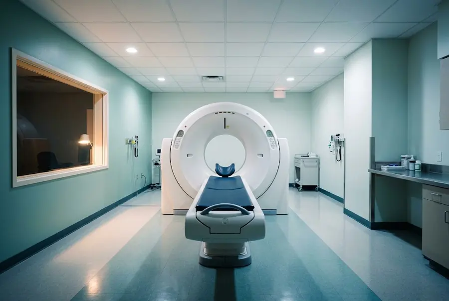 A diagnostic imaging room with a ring-shaped scanner and a padded patient table