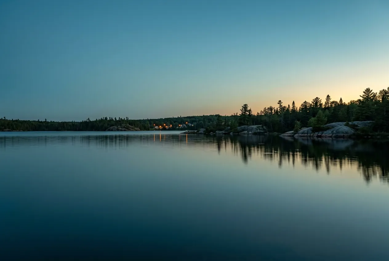 Calm water and a boreal treeline on Lake of the Woods at dusk, with the lights of the far shore reflected in the lake