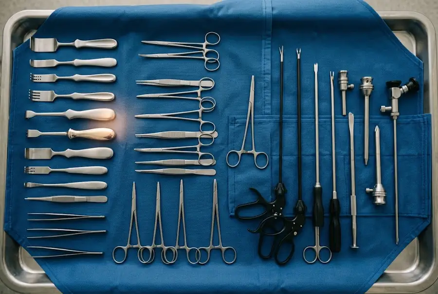 Sterile surgical instruments and laparoscopic telescopes laid out in rows on a blue drape