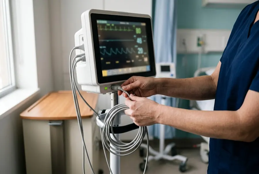 A nurse connecting a cable to a vital signs monitor beside a hospital bed